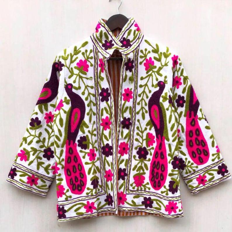 Velvet Suzani Jacket | Peacock Floral Embroidered Ethnic Outerwear, Vintage Style, Festival Wear Bohozani
