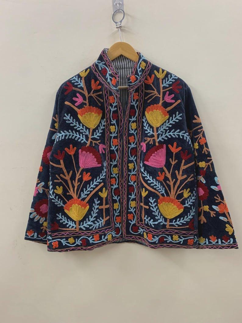 Floral Suzani Embroidered Velvet Jacket, Boho Winter Coat Bohozani
