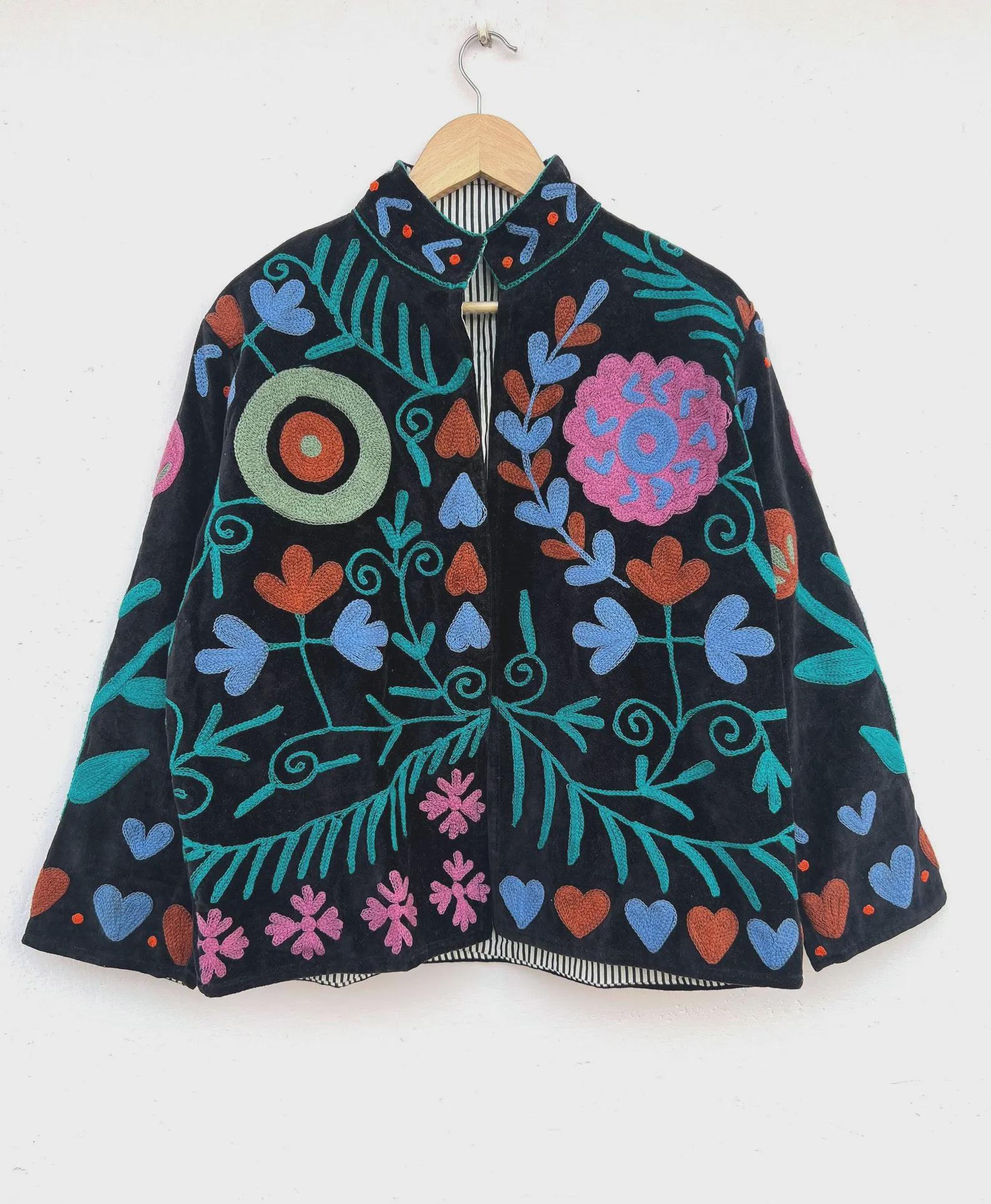 Embroidered Velvet Cropped Jacket | Colorful Suzani Floral Outerwear Bohozani