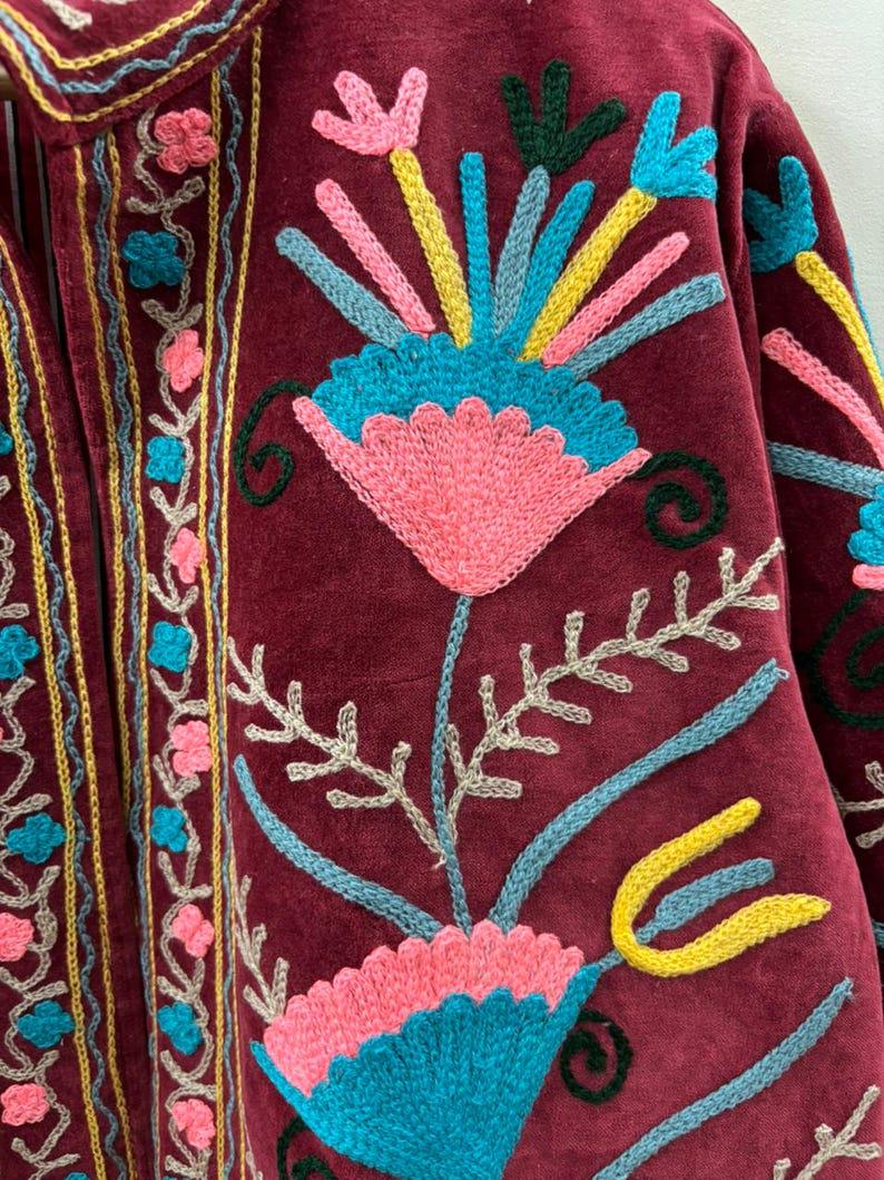 Handmade Wine Velvet Suzani Embroidered Jacket Bohozani