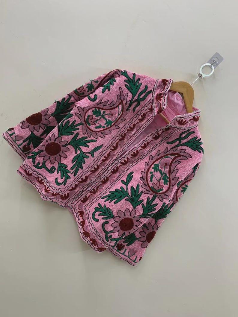Embroidered Cotton Velvet Suzani Jacket, Bohemian Floral Folk Art Coat Bohozani