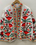 White Bohemian Cotton Jacket, Floral Suzani Embroidery, Short Floral Coat Bohozani