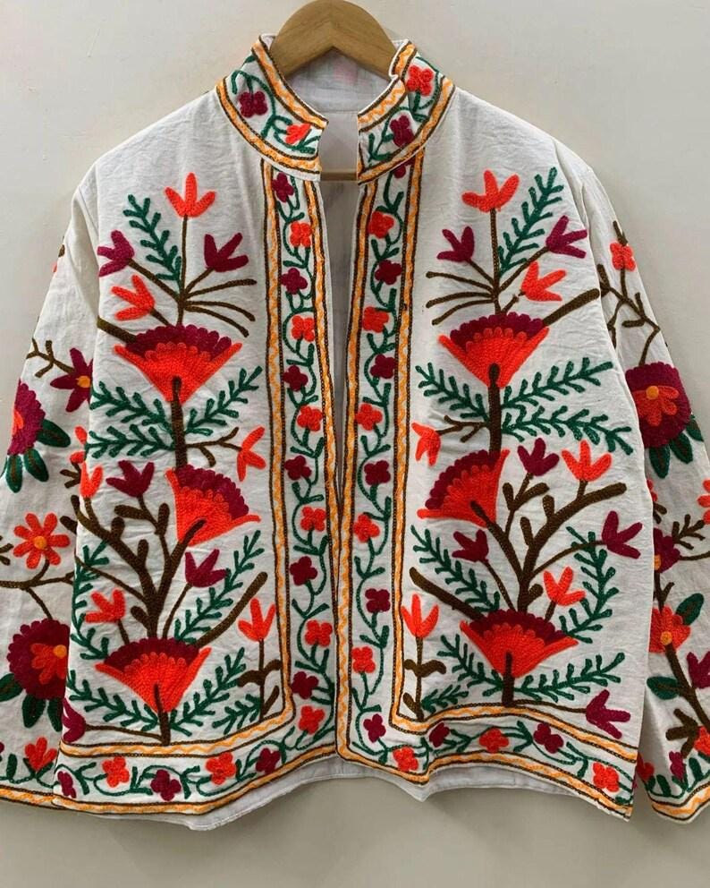 White Bohemian Cotton Jacket, Floral Suzani Embroidery, Short Floral Coat Bohozani