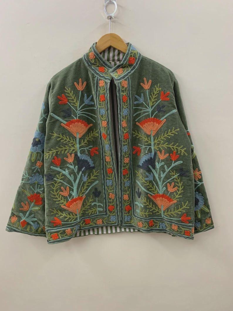 NEW COLLECTION Green Hand-Embroidered Velvet Suzani Jacket – Boho Ethnic Kimono Outerwear Gifr For Mom Bohozani