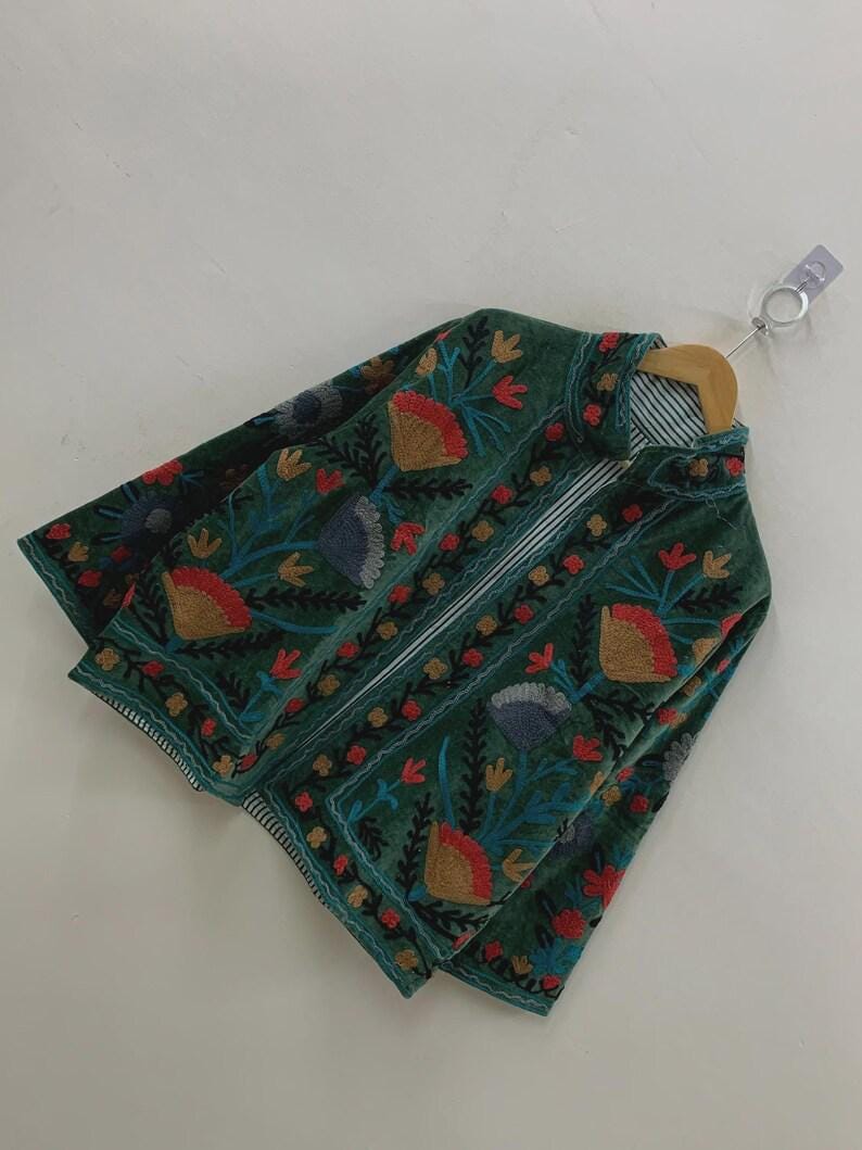 Green Handmade Floral Velvet Suzani Embroidered Jacket Bohozani