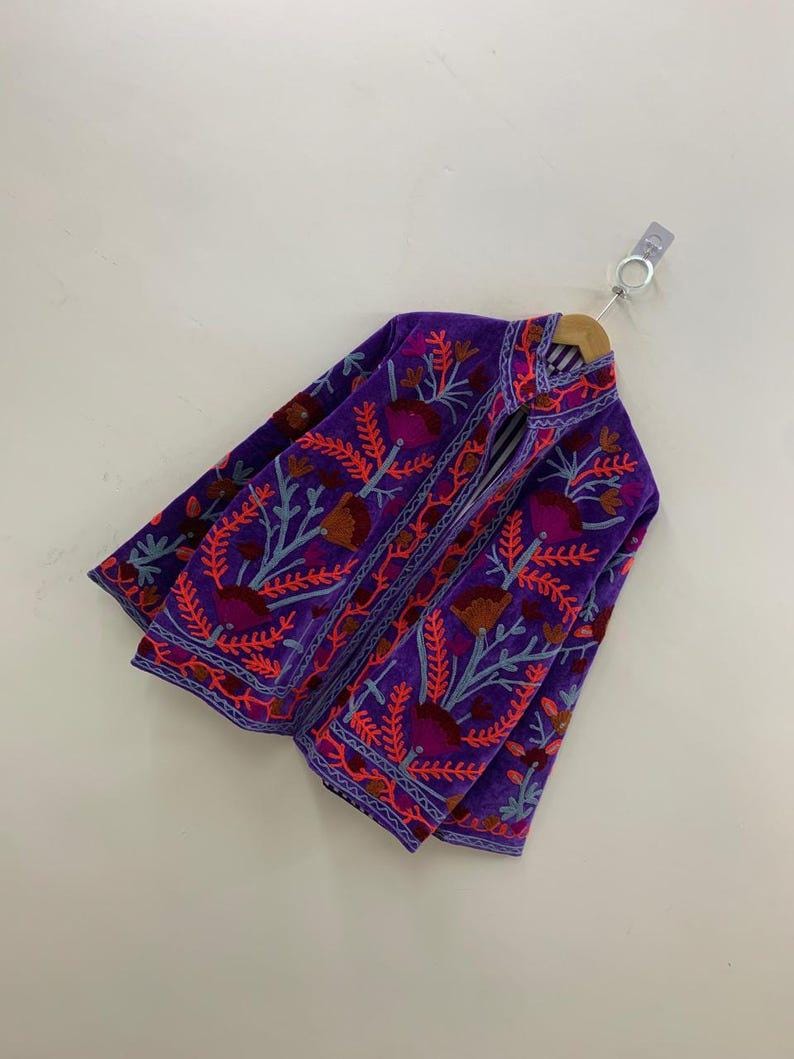 Unique Purple Color Velvet Suzani Jacket – Hand-Embroidered Boho Ethnic Kimono Outerwear Bohozani