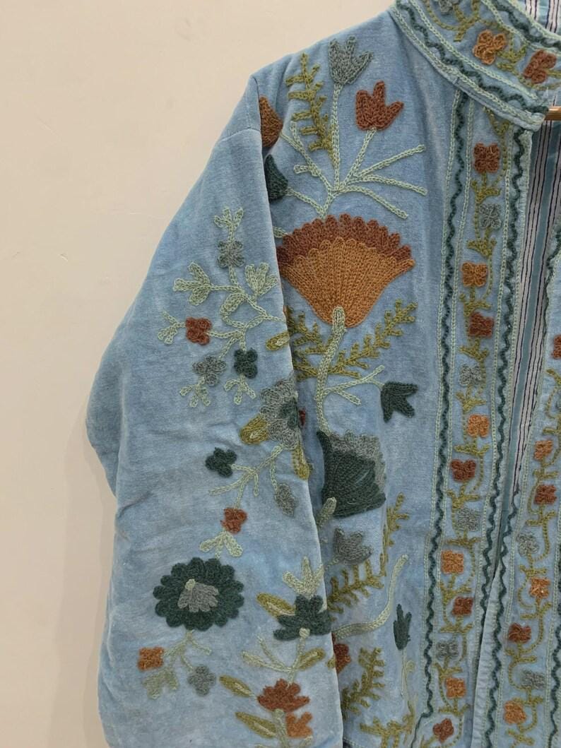 Floral Suzani Embroidered Velvet Jacket, Vintage Boho Coat Bohozani