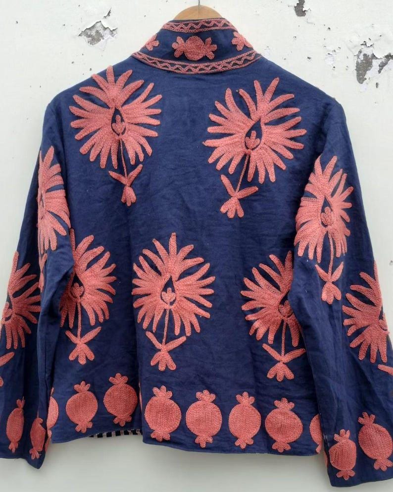 Handmade Blue Velvet Suzani Embroidered Jacket | Uzbek Kimono Bohozani