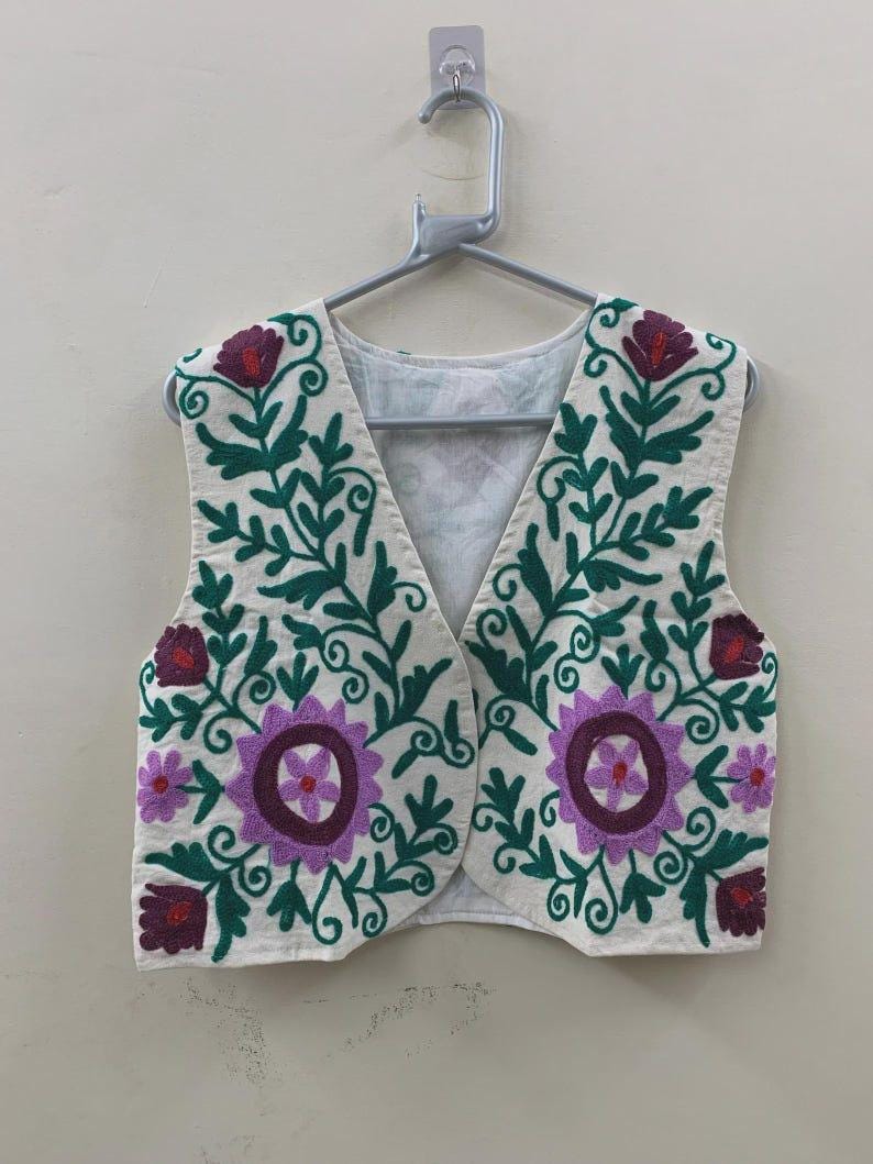 Hand-Embroidered Suzani Velvet Vest | Pink Floral Bohemian Festival Jacket Bohozani