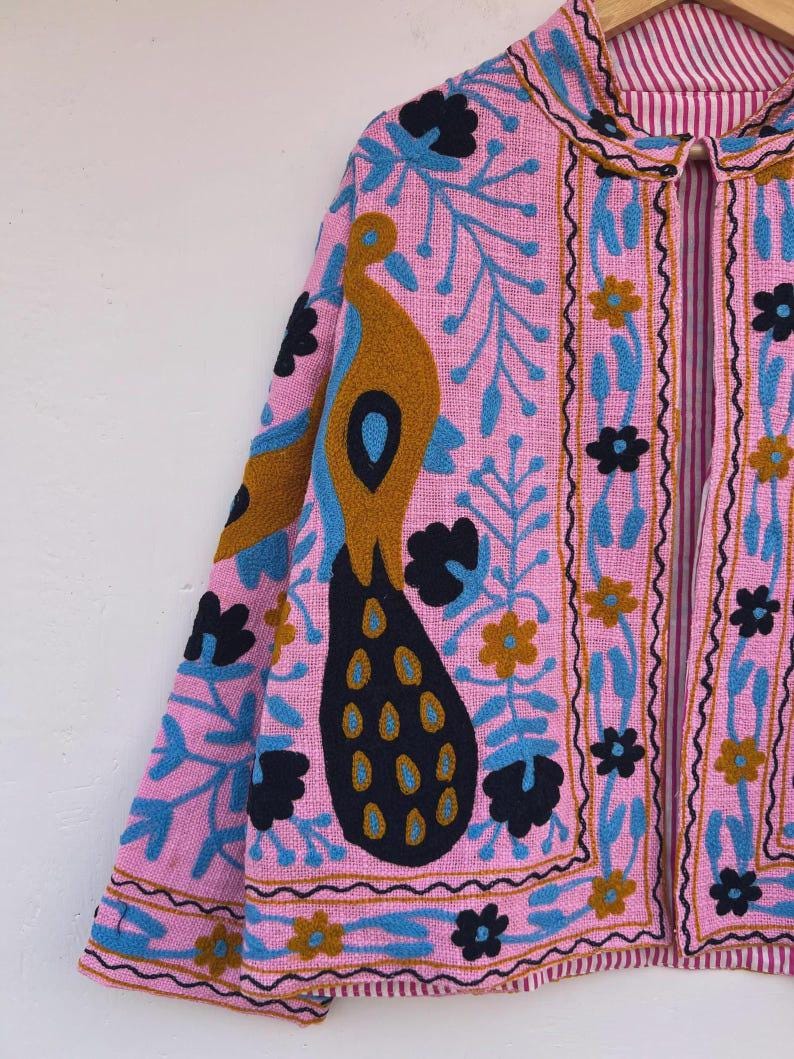 Pink Peacock Embroidered Suzani Jacket | Vibrant Boho Duster | Gift For Her Bohozani
