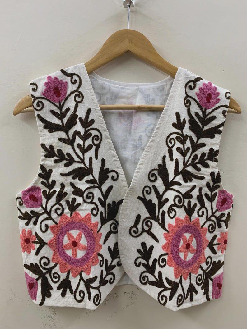 Hand-Embroidered Suzani Velvet Vest: Boho Floral Waistcoat, Cotton Lined Jacket Bohozani