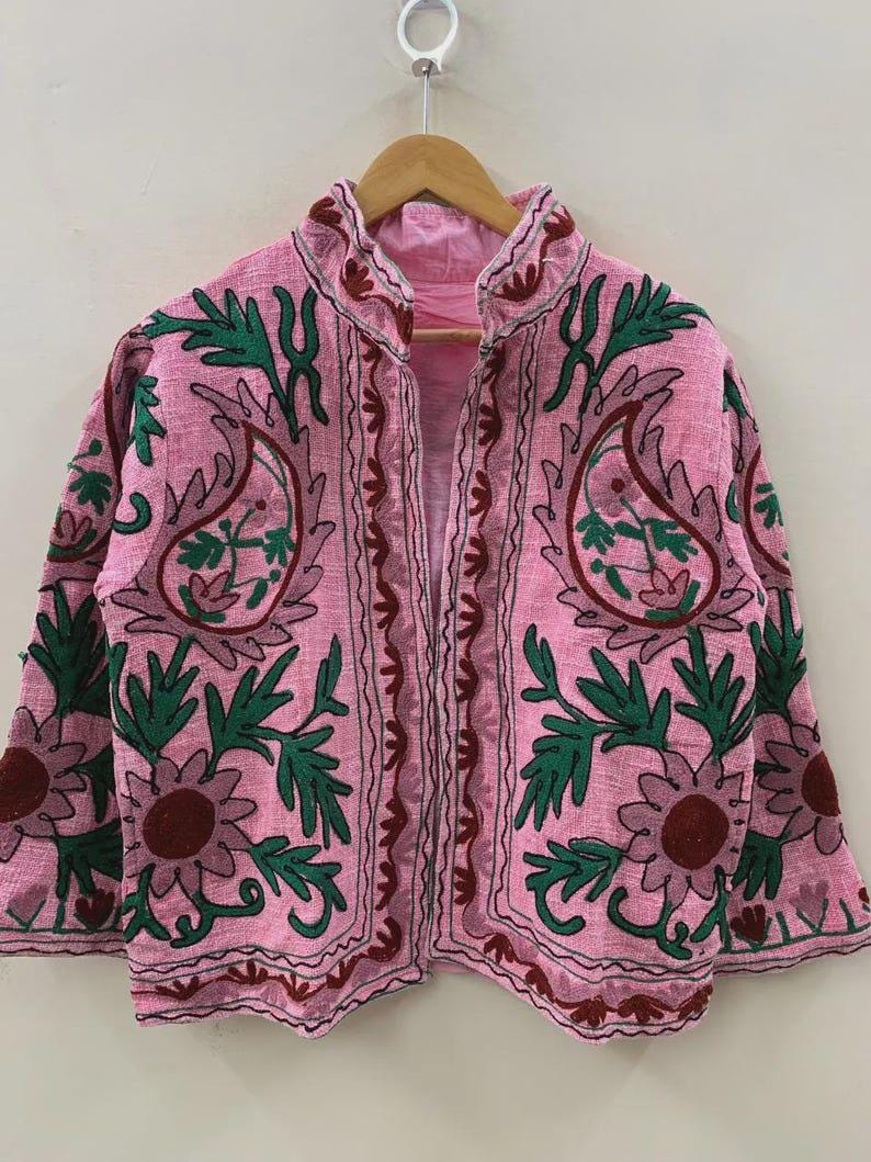 Embroidered Cotton Velvet Suzani Jacket, Bohemian Floral Folk Art Coat Bohozani
