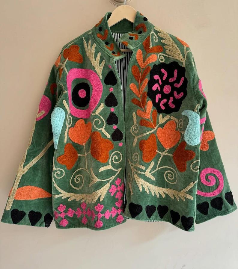 Green Velvet Suzani Embroidered Jacket | Boho Floral Cropped Coat Bohozani
