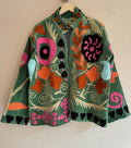Green Velvet Suzani Embroidered Jacket | Boho Floral Cropped Coat Bohozani