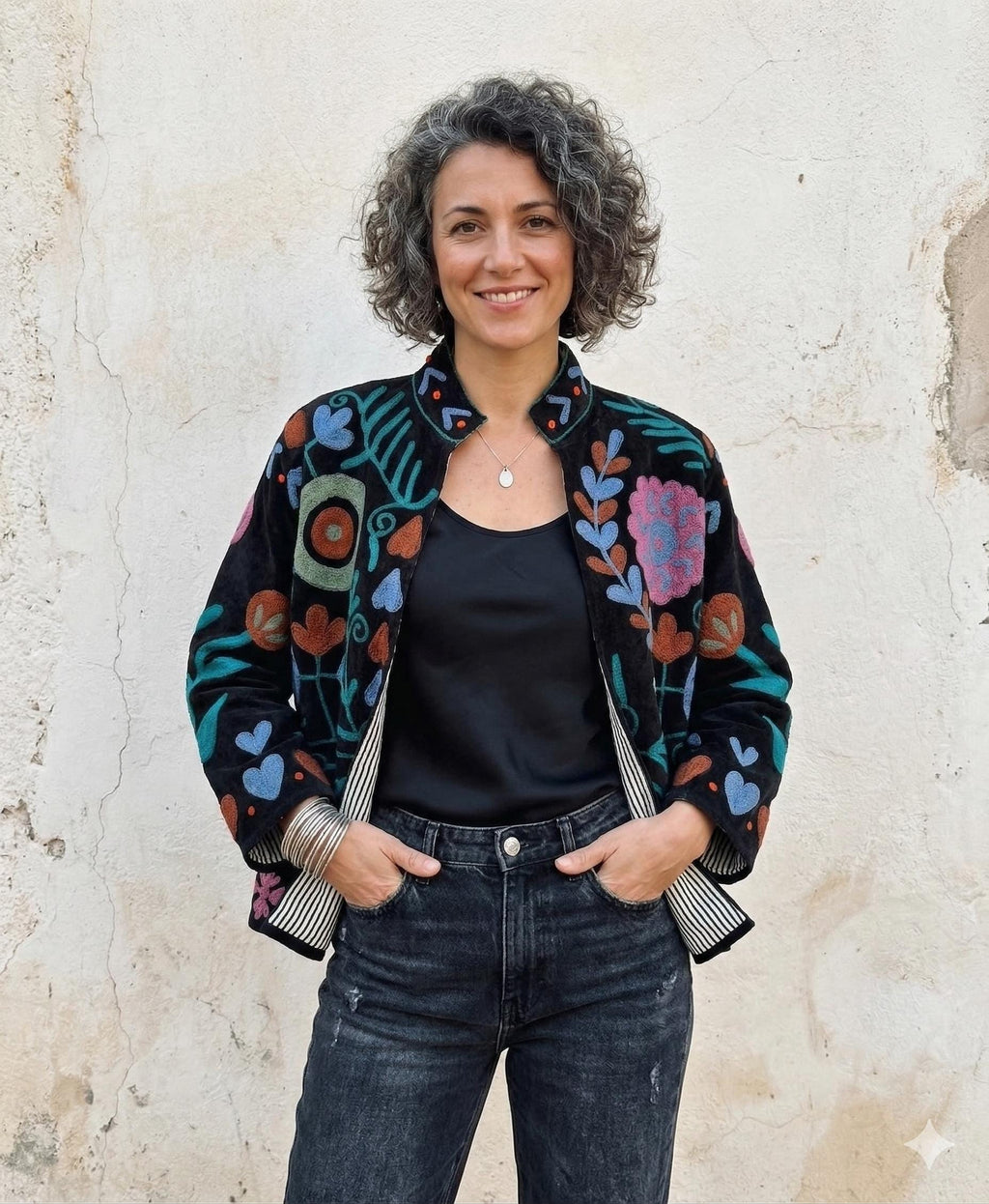 Embroidered Velvet Cropped Jacket | Colorful Suzani Floral Outerwear Bohozani