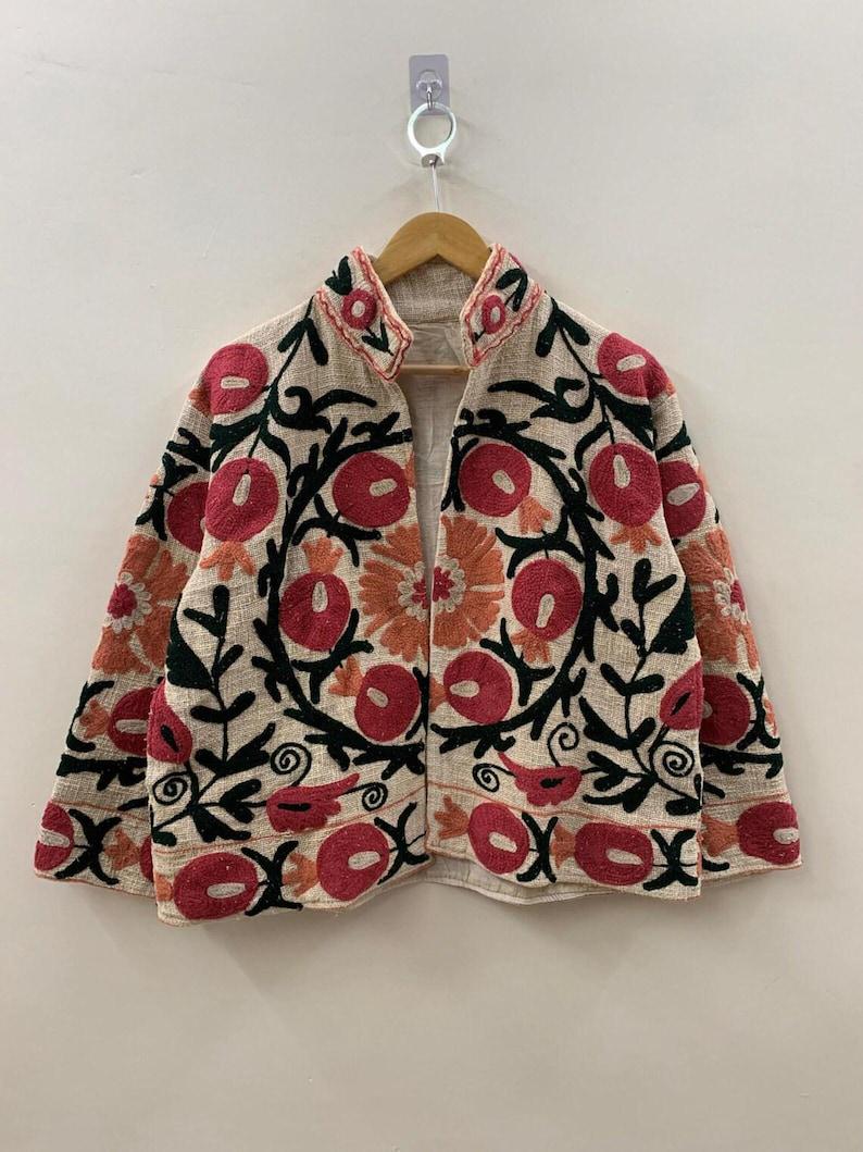 Bohemian Suzani Embroidered Cotton Jacket, Floral Overcoat Bohozani