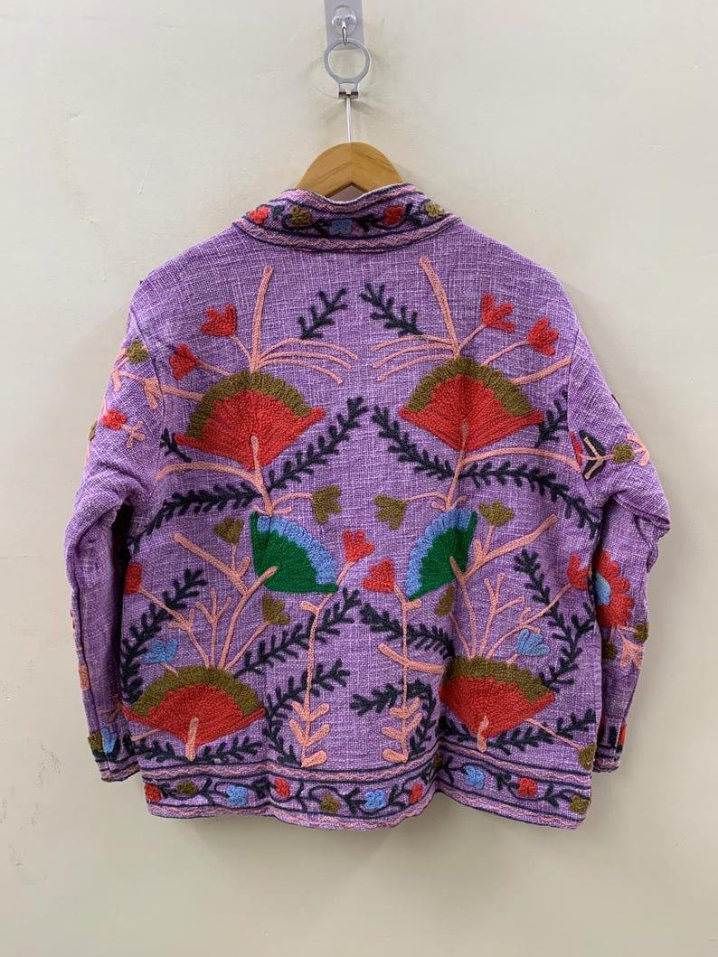 Embroidered Cotton Velvet Jacket | Floral Folk Art Boho Style Coat Bohozani