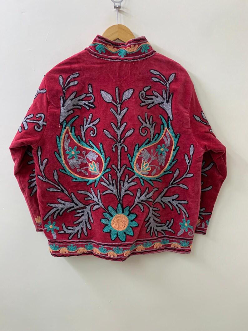 Red Velvet Suzani Bomber Jacket | Hand-Embroidered Floral Uzbek Outerwear Bohozani