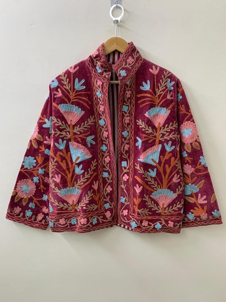 Handmade Red Velvet Suzani Jacket | Embroidered Bohemian Cropped Coat Bohozani