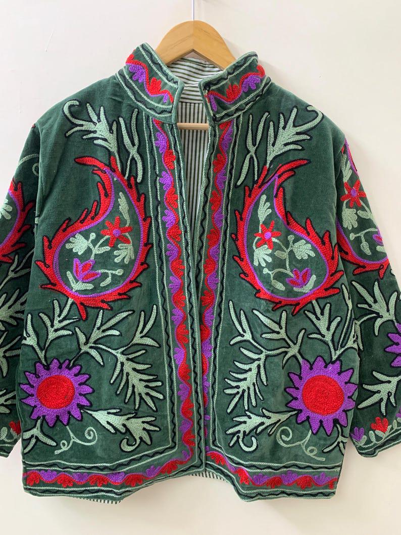 Green Velvet Floral Suzani Jacket | Uzbek Embroidered Coat, Festival Outerwear Bohozani