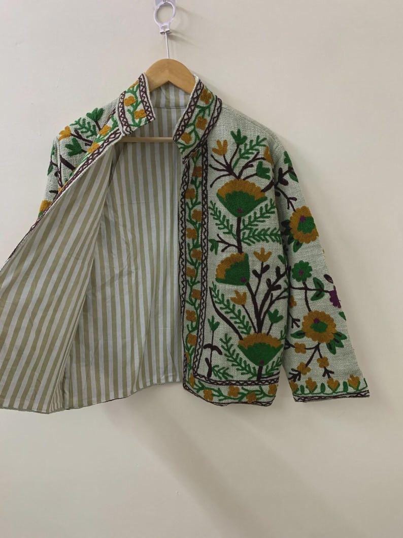 Handmade Suzani Embroidered Jacket | Floral Boho Duster Coat | Gift For Her Bohozani