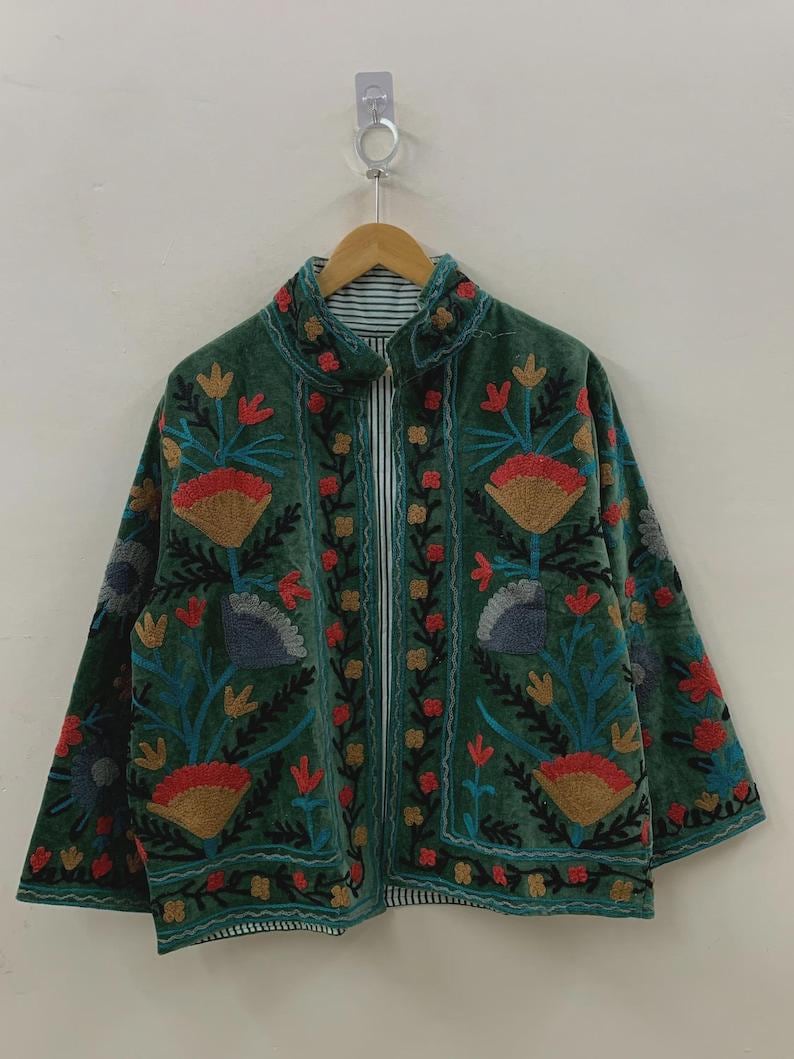 Green Handmade Floral Velvet Suzani Embroidered Jacket Bohozani