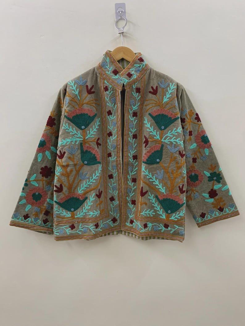 Handcrafted Velvet Suzani Jacket | Floral Embroidered Boho Cropped Outerwear Bohozani
