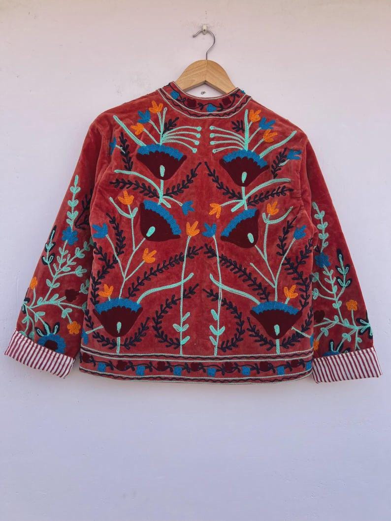 Red Hand Embroidered Velvet Suzani Coat | Uzbek Floral Boho Jacket | Gift For Her Bohozani