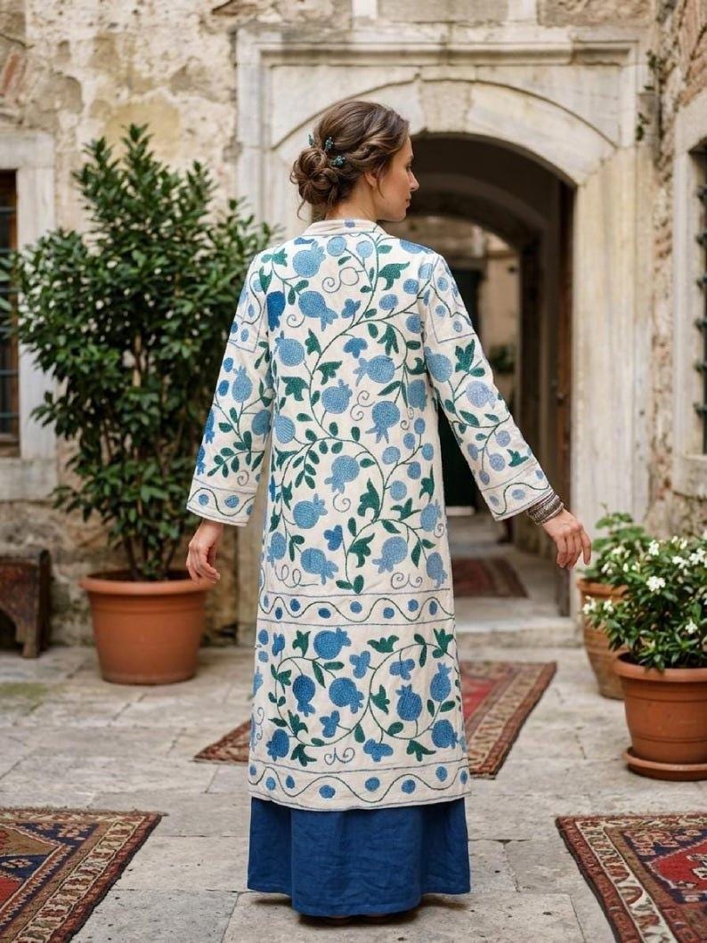 Hand Embroidered Suzani Kaftan – Organic Cotton Boho Kimono Coat Bohozani