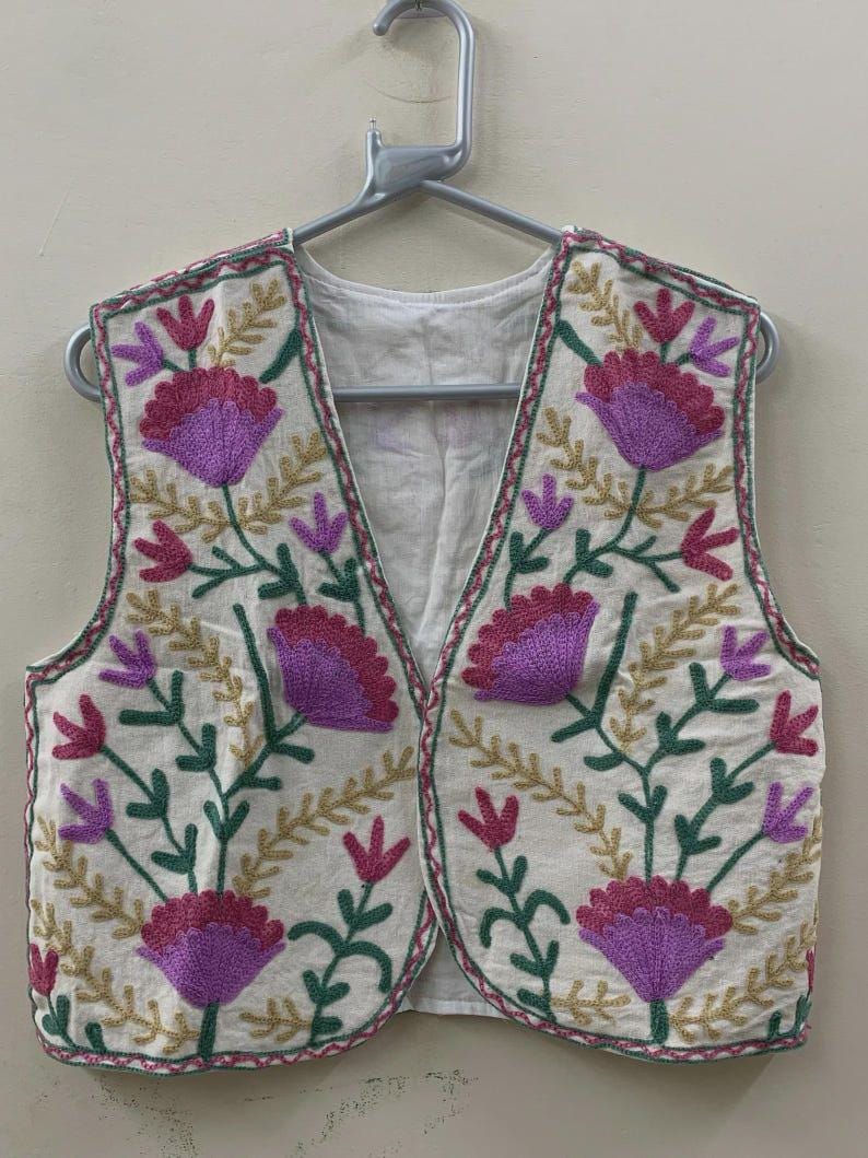 Handmade Suzani Embroidered Velvet Vest: Boho Floral Waistcoat, Cotton Lined Jacket Bohozani