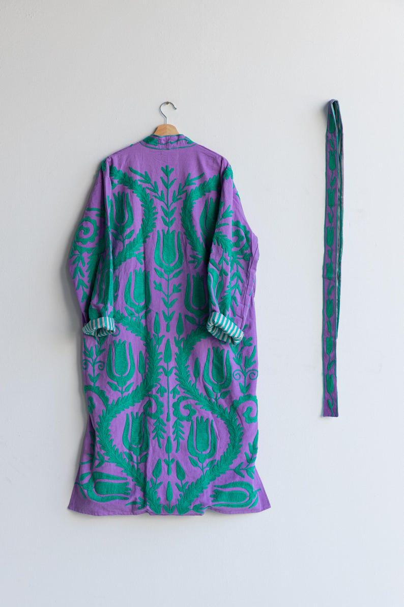 Purple Hand Embroidered Suzani Kaftan – Organic Cotton Boho Kimono Coat Bohozani