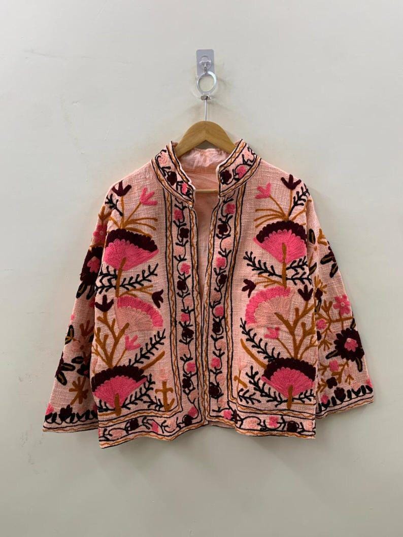 Embroidered Cotton Velvet Suzani Jacket, Bohemian Floral Folk Art Coat Bohozani