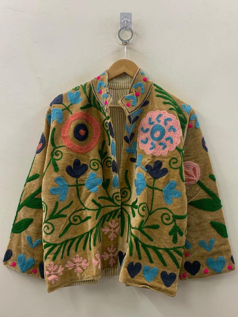 Velvet Suzani Jacket – Hand-Embroidered Floral Folk Coat – Boho Outerwear Bohozani