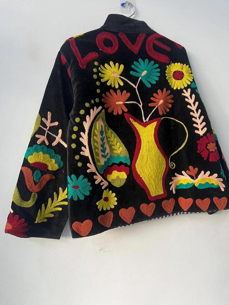 Handmade Velvet Suzani Jacket | Embroidered Boho Coat Bohozani