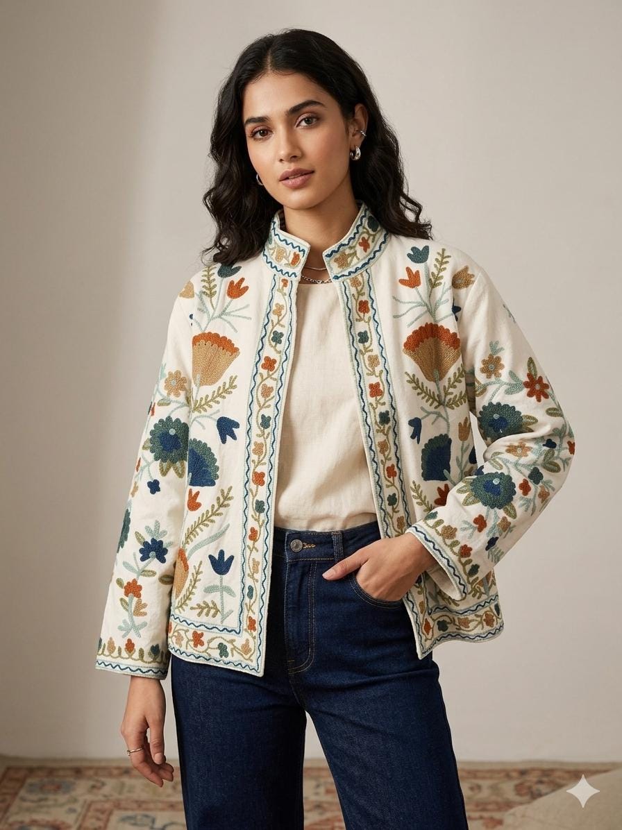 Handmade White Velvet Suzani Embroidered Jacket Bohozani
