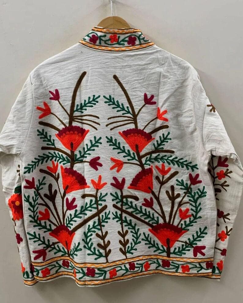 White Bohemian Cotton Jacket, Floral Suzani Embroidery, Short Floral Coat Bohozani