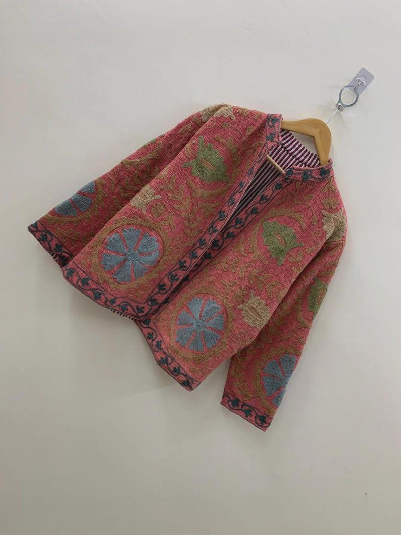Vintage Cotton Suzani Embroidered Jacket | Floral Boho Statement Outerwear Bohozani