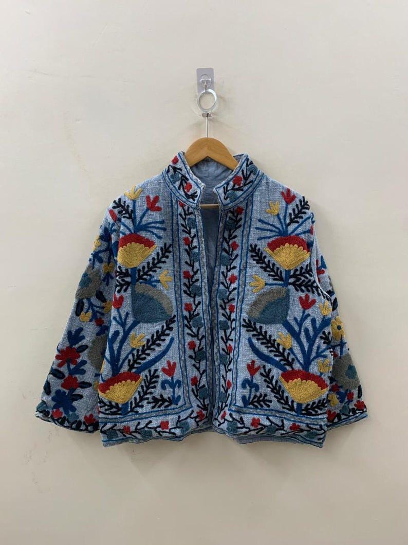 Handmade Suzani Embroidered Cotton Jacket | Boho Chic Coat | Gift For Her Bohozani