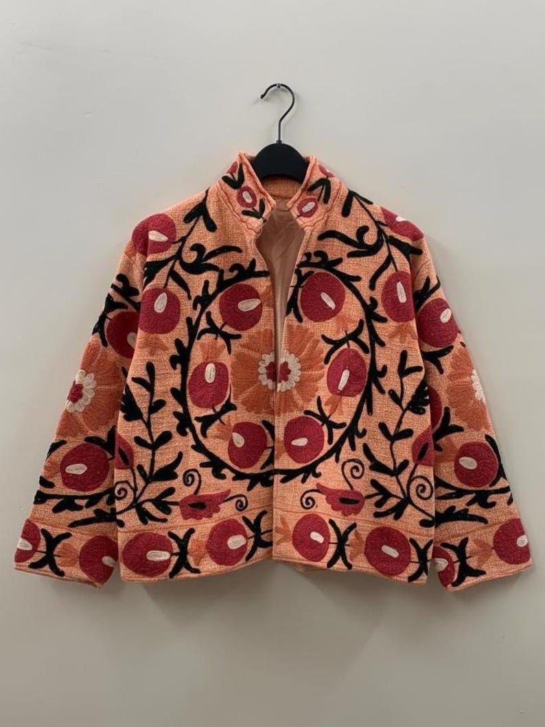 Embroidered Cotton Velvet Suzani Jacket, Floral Folk Art Boho Coat Bohozani