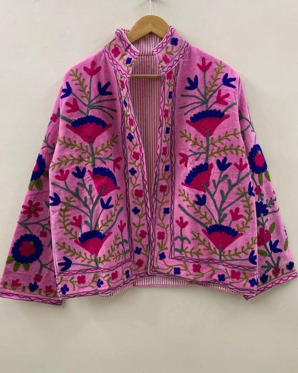Embroidered Cotton Velvet Jacket | Floral Boho Suzani Outerwear, Ethnic Statement Piece Bohozani