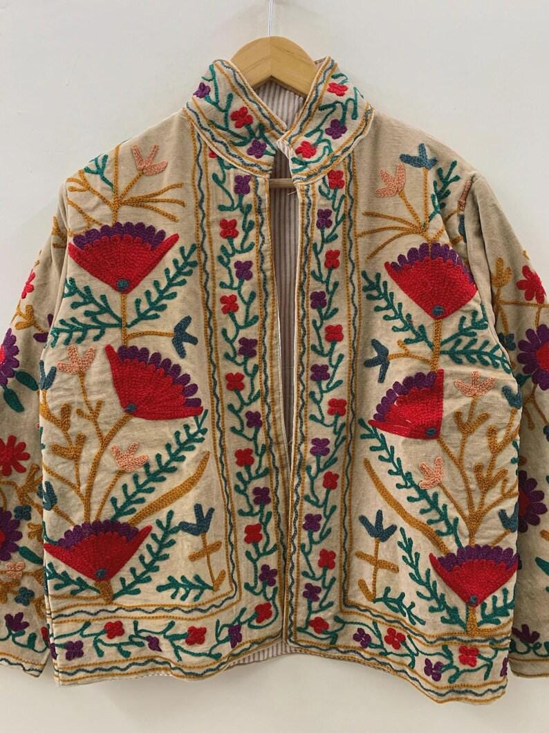 Beige Velvet Suzani Floral Embroidered Jacket | Boho Cropped Outerwear Bohozani