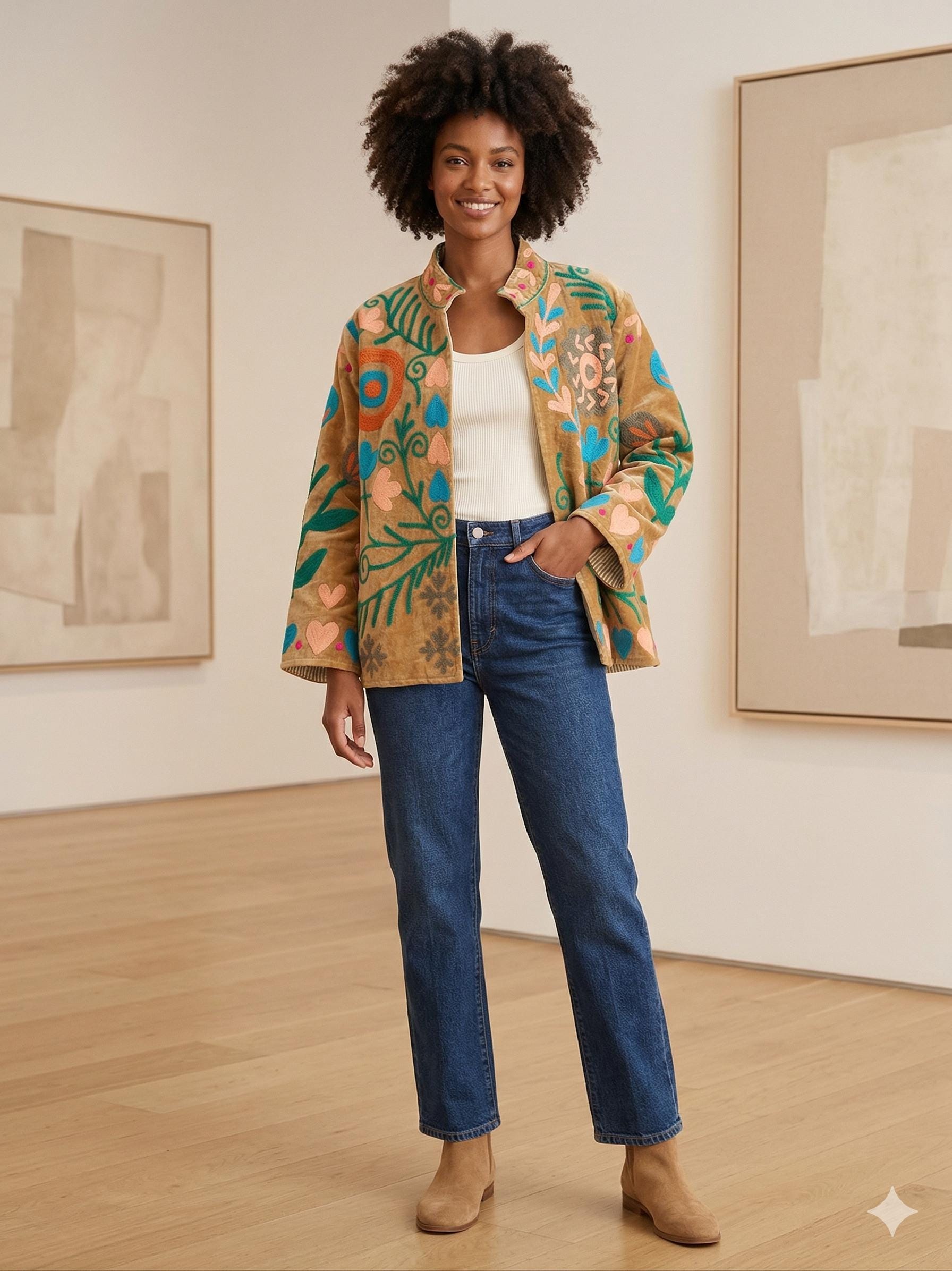 Embroidered Velvet Cropped Jacket | Colorful Suzani Floral Outerwear Bohozani