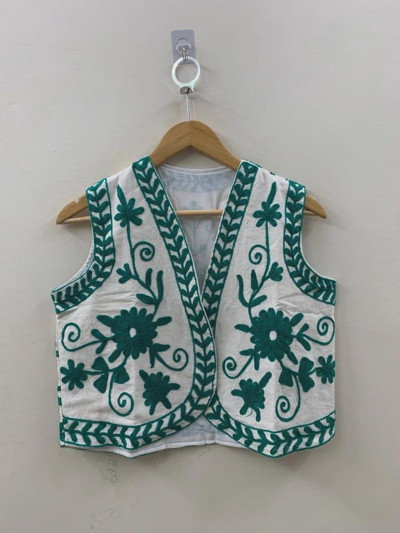 White Cotton Suzani Embroidered Vest | Bohemian Festival Jacket | Handmade Indian Waistcoat Bohozani