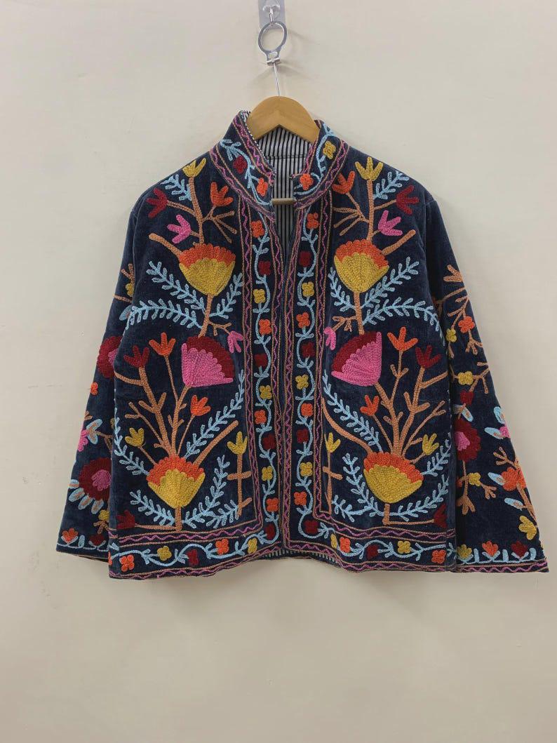 Floral Suzani Embroidered Velvet Jacket, Boho Winter Coat Bohozani