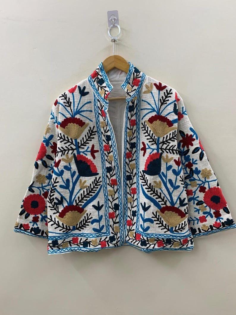 Bohemian Embroidered Cotton Jacket, Floral Folk Art Suzani Coat Bohozani