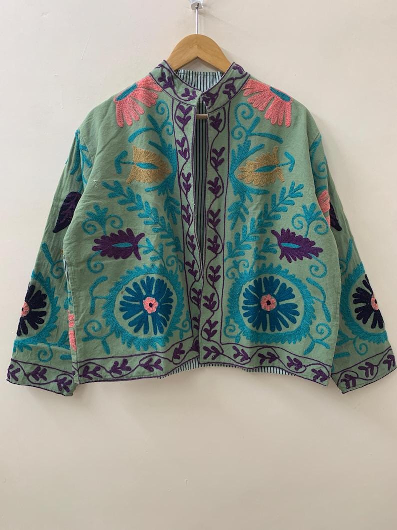 Hand-Embroidered Cotton Suzani Jacket – Vintage Boho Kimono Coat Bohozani