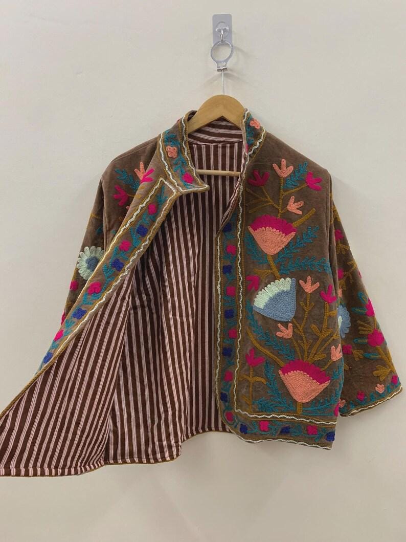 Embroidered Velvet Cropped Jacket | Colorful Suzani Floral Outerwear, Boho Style Bohozani