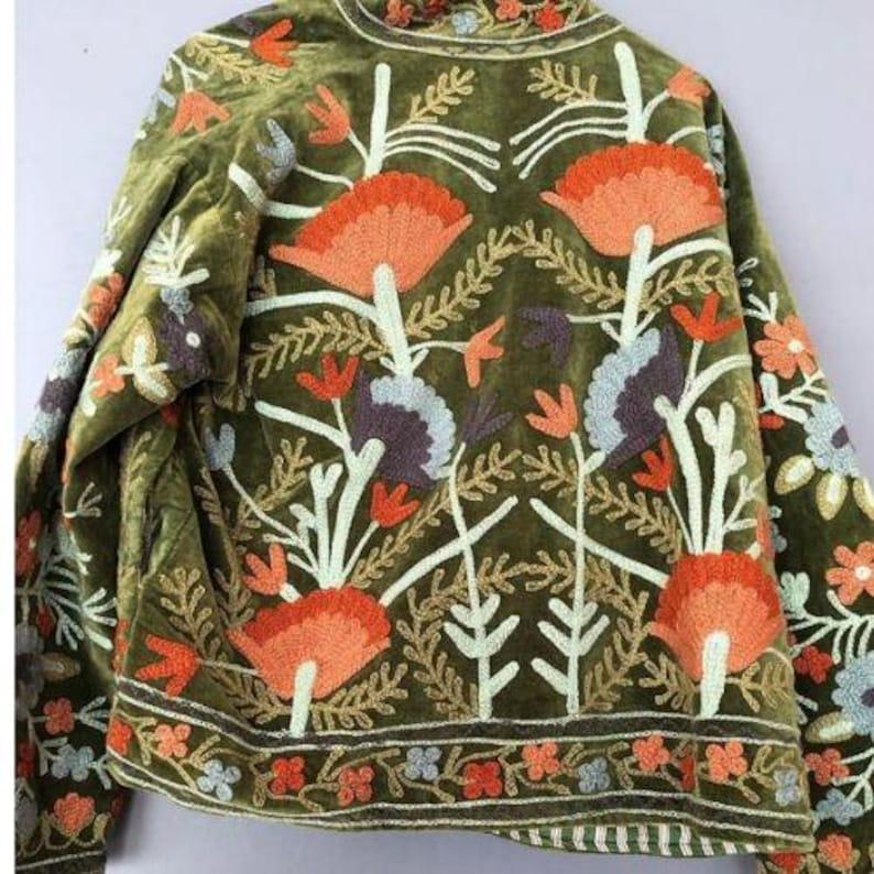 Green Velvet Suzani Embroidered Jacket | Bohemian Chic Coat Bohozani