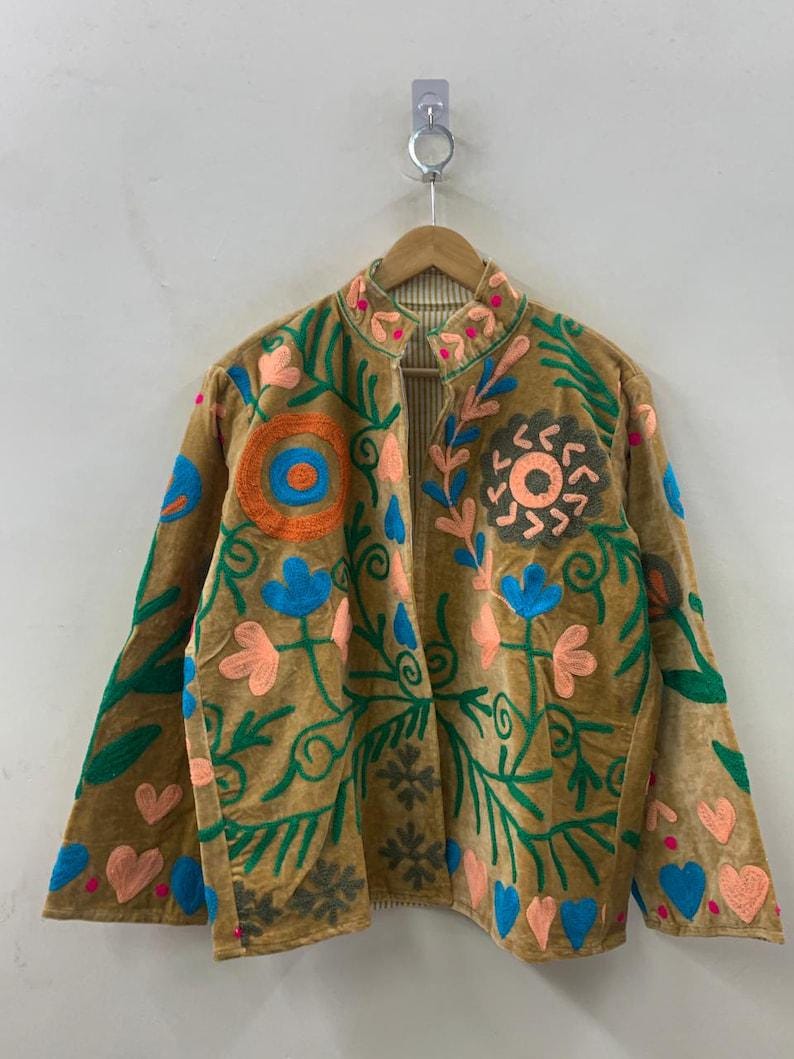 Embroidered Velvet Cropped Jacket | Colorful Suzani Floral Outerwear Bohozani