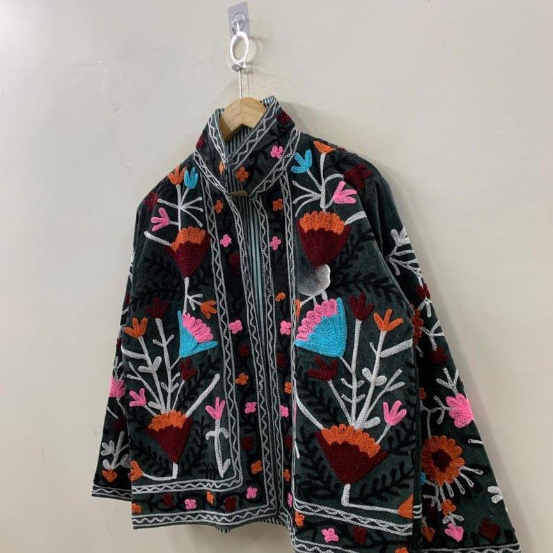 Embroidered Velvet Kimono Jacket | Suzani Floral Boho Outerwear Bohozani